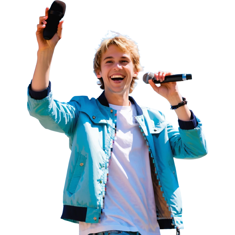 Pixel art style, expressive male performer, Caucasian features, short sandy blonde hair, lively eyes, wide cheerful smile, wearing a sky blue jacket over white tee, tossing a microphone in one hand, waist-up, front-facing emoji