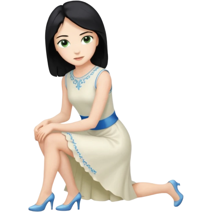 prince, upright, black Hair, blue eyes, garment,  Woman, bending knee, sleveless white dress, blonde hair, green eyes, emoji