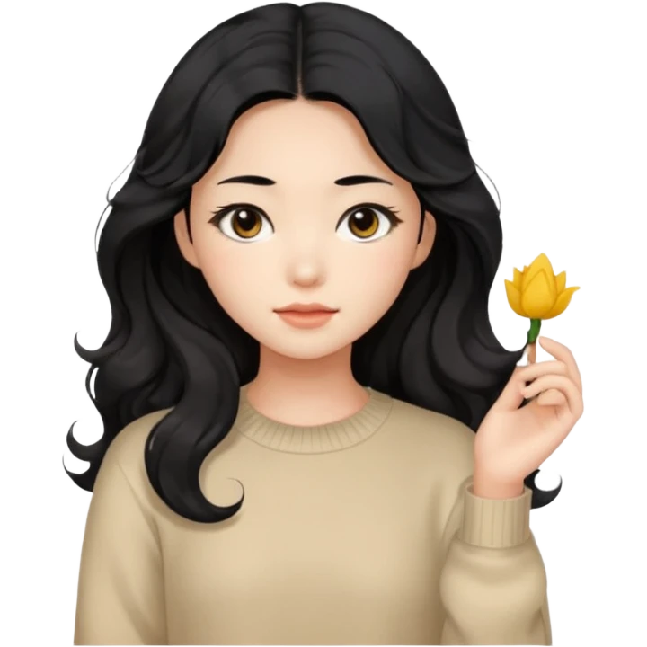 Beautiful girl,Black hair, wavy long hair,Black eyes,Chinese, beige sweater  emoji