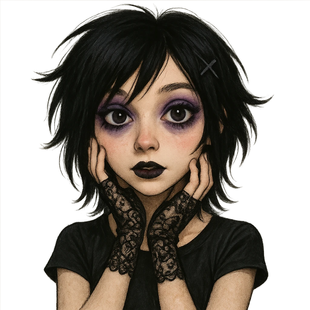 emo girl with heart-shaped face, purple eyeshadow, lace gloves, expressive eyes emoji