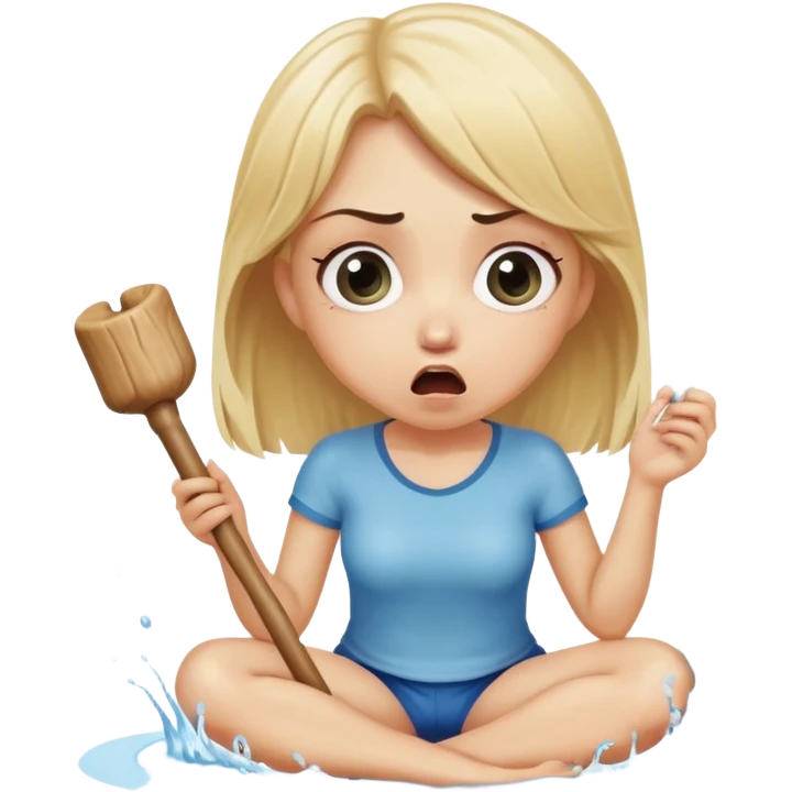 blond woman sitting on her knees with wide eyes, holding a wide skin-colored stick with a D-shaped knob, the stick has skin texture, water squirting from the knob into her mouth, shocked face emoji