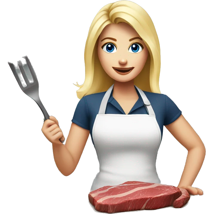 Beautiful blonde blue eyed woman cooking steak emoji