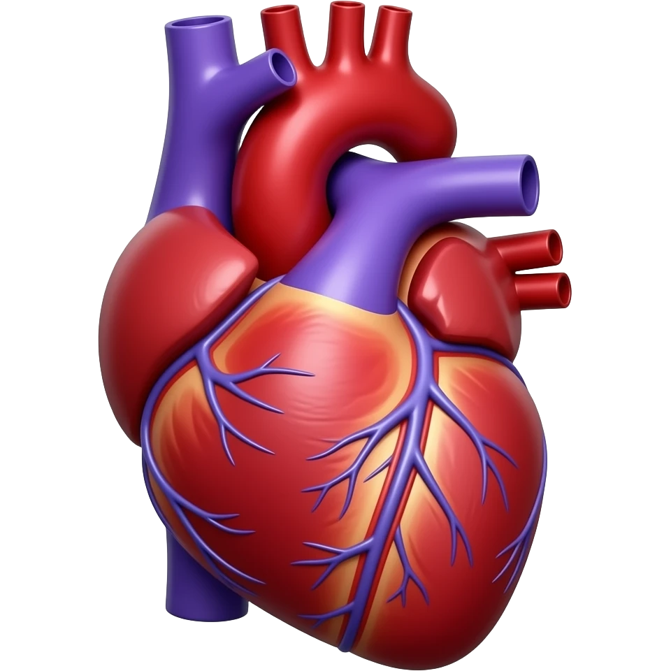 Vibrant 3D anatomical heart, realistic but stylized, deep ruby red and violet, soft studio lighting, medical illustration style. emoji