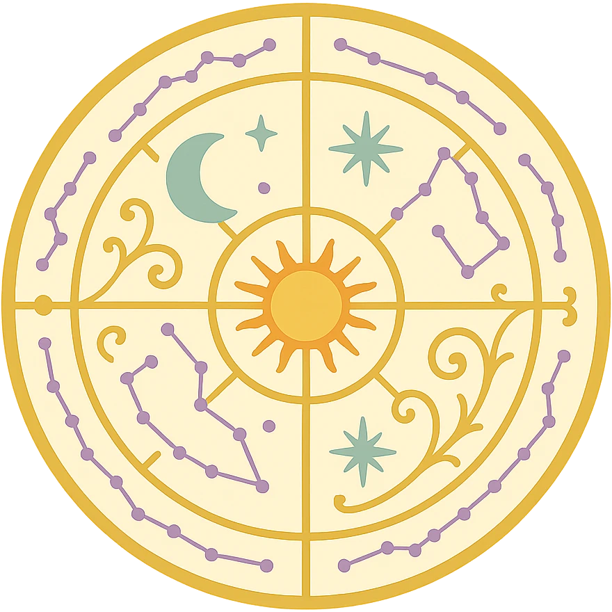 vintage astrology natal chart icon with intricate celestial symbols, mystical, ornate, zodiac constellations, in color emoji