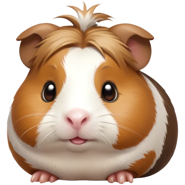 Cinematic Cute Brown and White Banded Guinea Pig Portrait Emoji, Head tilted playfully and inquisitively, showcasing a fluffy coat with playful brown and white banded patterns, round, sparkling dark eyes filled with curiosity, Simplified yet irresistibly adorable features, highly detailed, glowing with a warm, friendly glow, high shine, affectionate and spirited, stylized with a touch of whimsy, bright and endearing, soft glowing outline, capturing the essence of a mischievous yet loving guinea pig, so playful it feels like it could dash out of the screen and into your arms! emoji