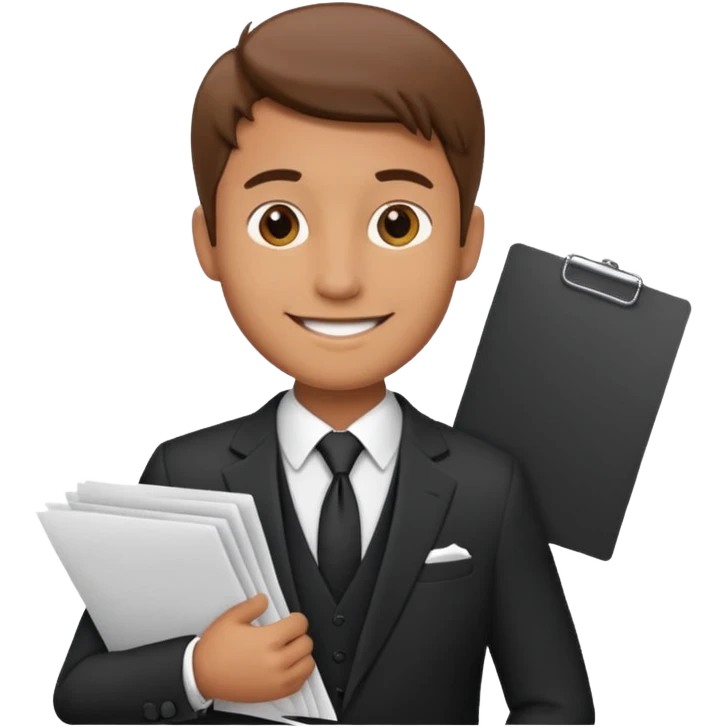 a man in a formal suit walks with papers in his hands emoji