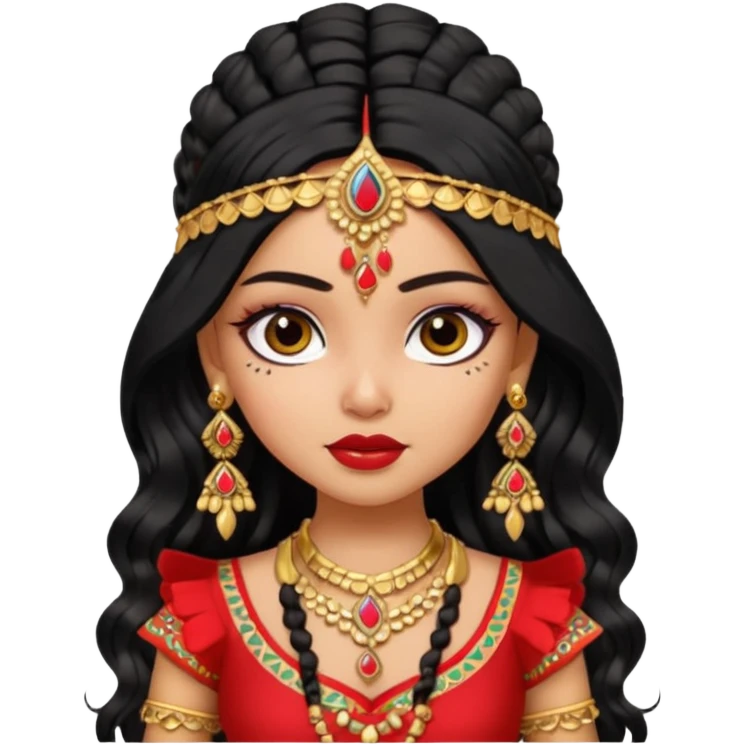 a pretty bratz fair indian girl wearing a red indian wedding outfit,  golden jewellery, black wavy hair emoji