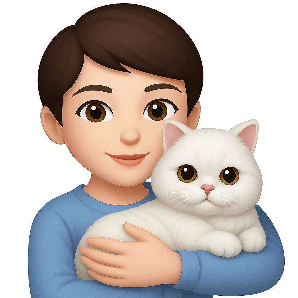Brunette woman snuggling white Persian cat, emoji style, with a pixie cut emoji