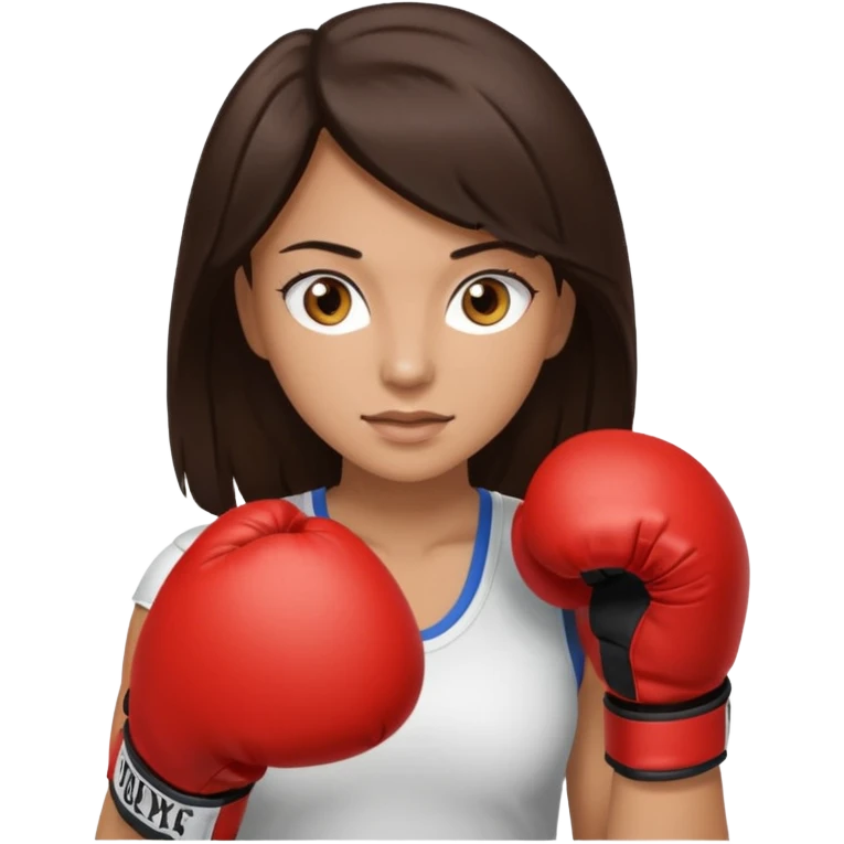 An woman with long dark brown hair light brown eyes in boxing gloves emoji