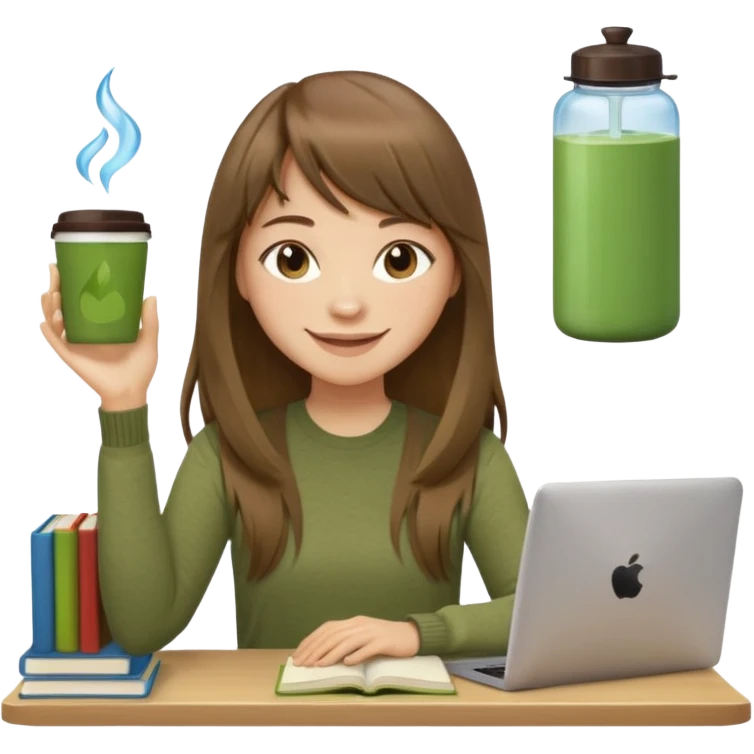 a designer with light skin long brown hair bangs waving, stack of books, coffee cup on top, water bottle, computer, matcha, no glasses emoji