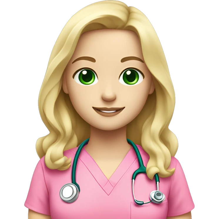 pale blonde girl with long wavy hair and green eyes wearing pink scrubs and stethoscope  emoji