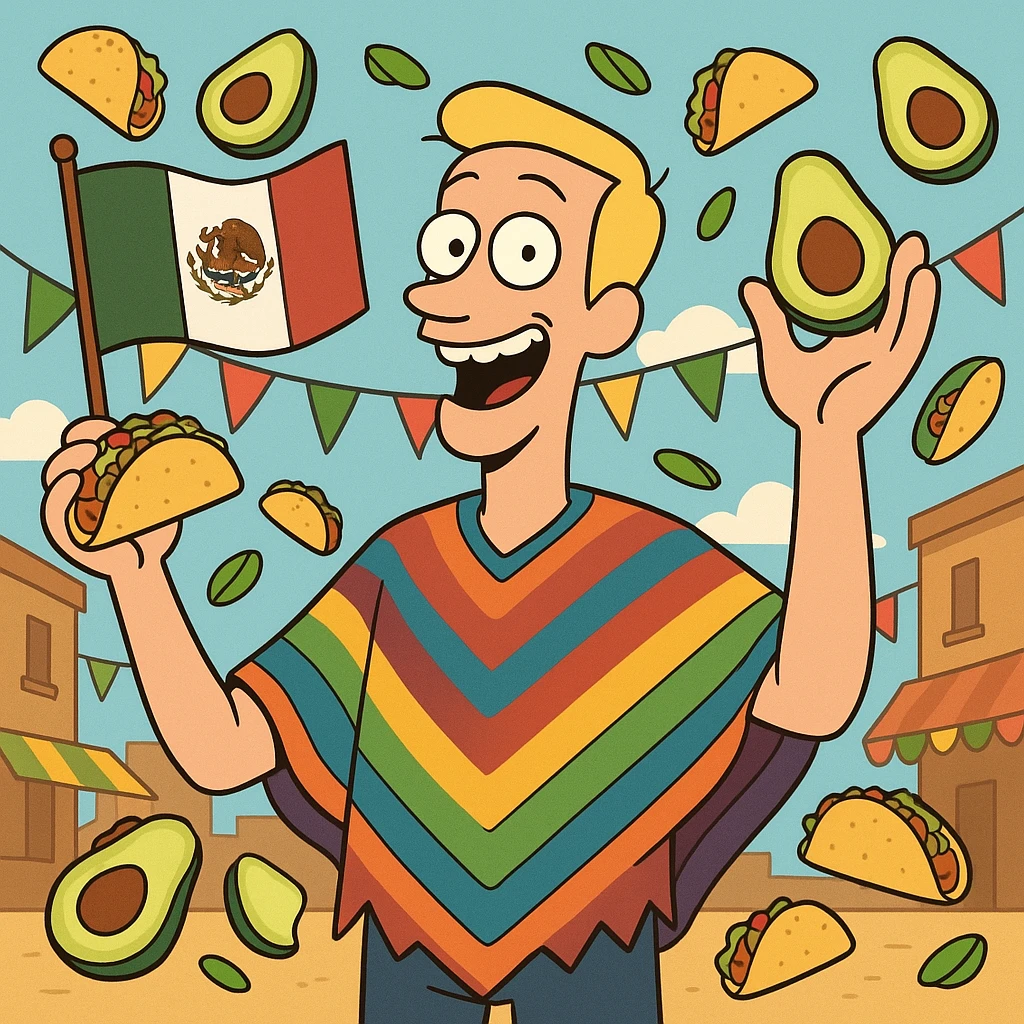 playful cartoon of a tall white American with blonde hair, colorful poncho, smiling, holding taco and avocado, waving Mexico flag, surrounded by tacos and avocados, street party scene emoji