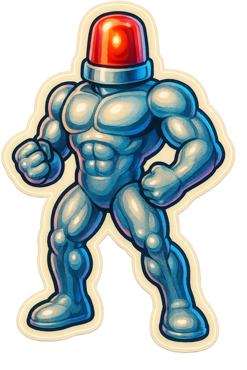 silver muscular robot with a red police light head, standing in a heroic pose, retro stickers style emoji