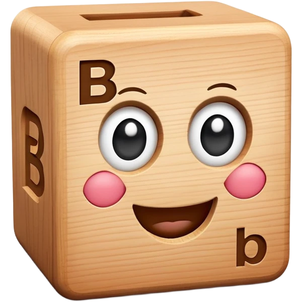 A wooden letter B block toy with adorable eyes and a happy expression emoji
