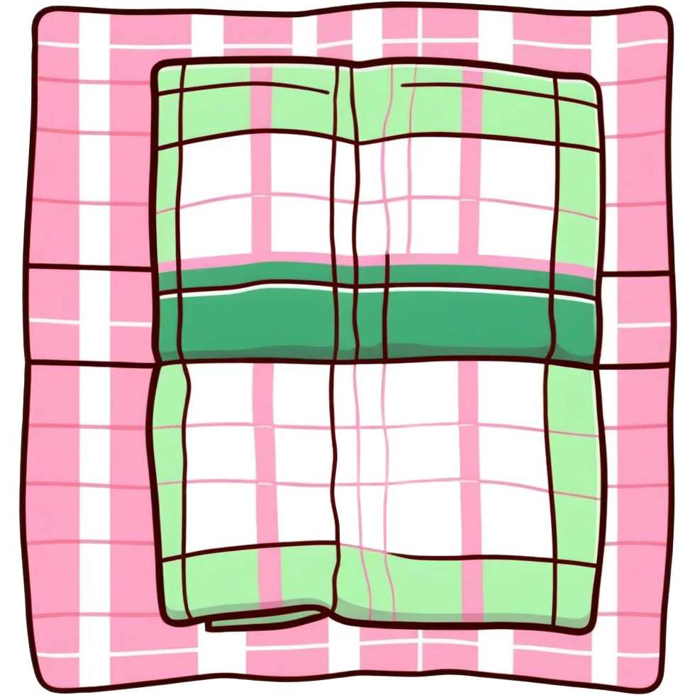 folded blanket with plaid pink and white pattern, cute sticker style emoji