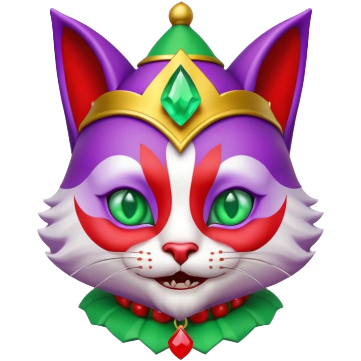 crazy colorful cute little cat jolly joker from poker, medieval, vintage, court jester, mac os icon, purple, gold and red color, half body, emerald green ice eyes. Squared shape as 3D mac os icon, symmetrical emoji