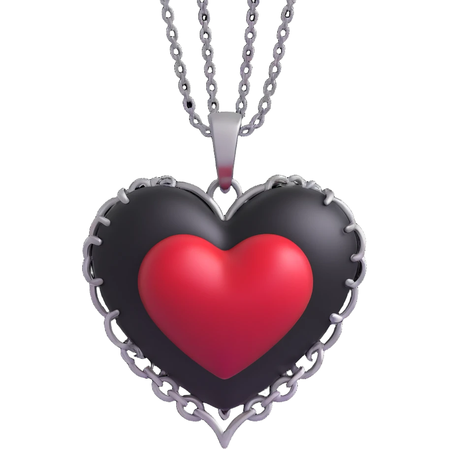 3D emoji gothic heart, black satin texture, silver chain wrap, blood red gem emoji