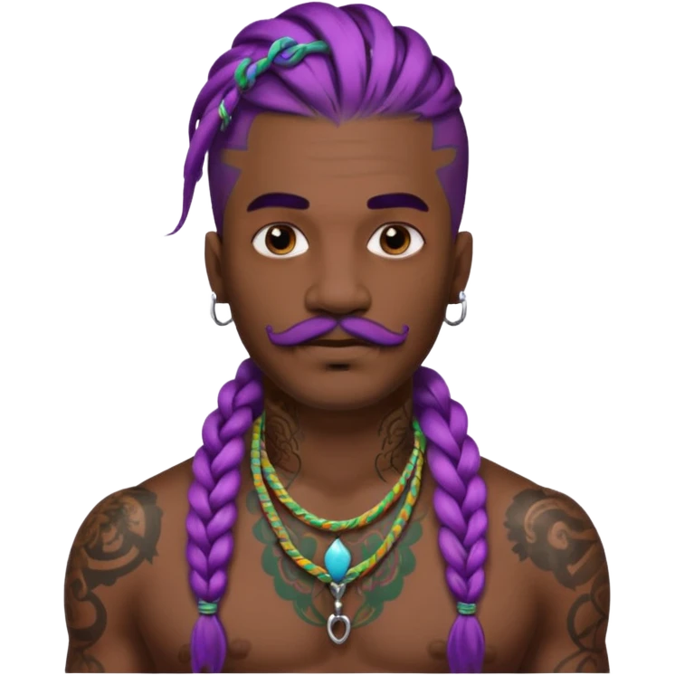 big lose braids starting from the top of the head man with mustache face wiith big visible braids and lots and lots of face tattoos colored tattoos like a tattoo artist hair unique color emoji