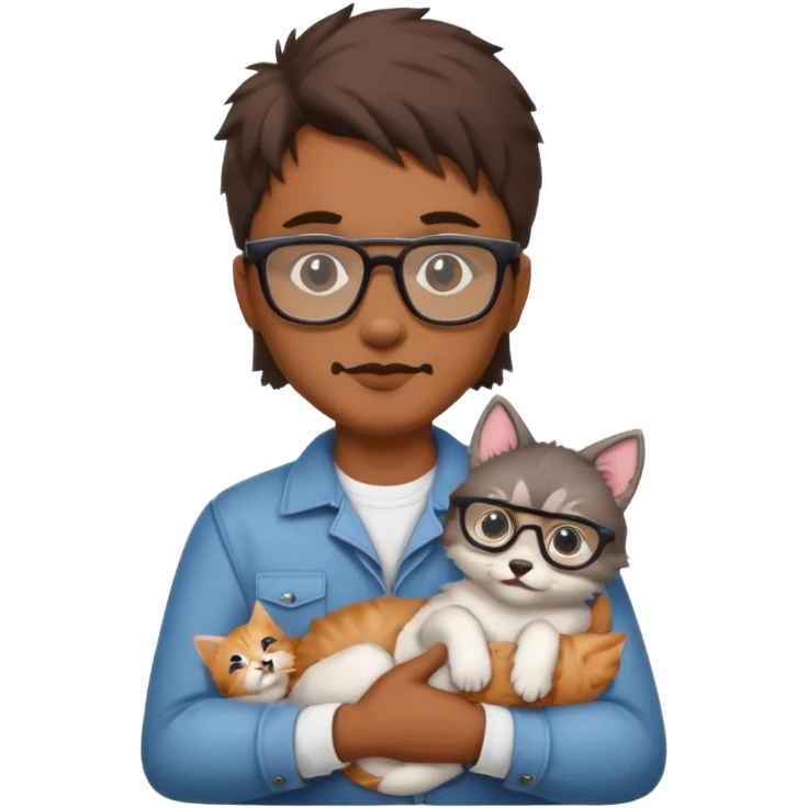 Glasses and mustach holding a kitten, the person should be brown and have a wolf cut mullet emoji