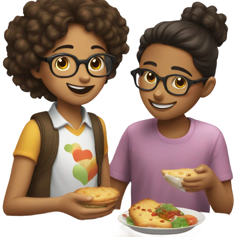Boy with Brown slightly Curly Hair kisses a Girl with dark Brown Medium leght hair that reaches to the shoulder with glasses heile eating emoji