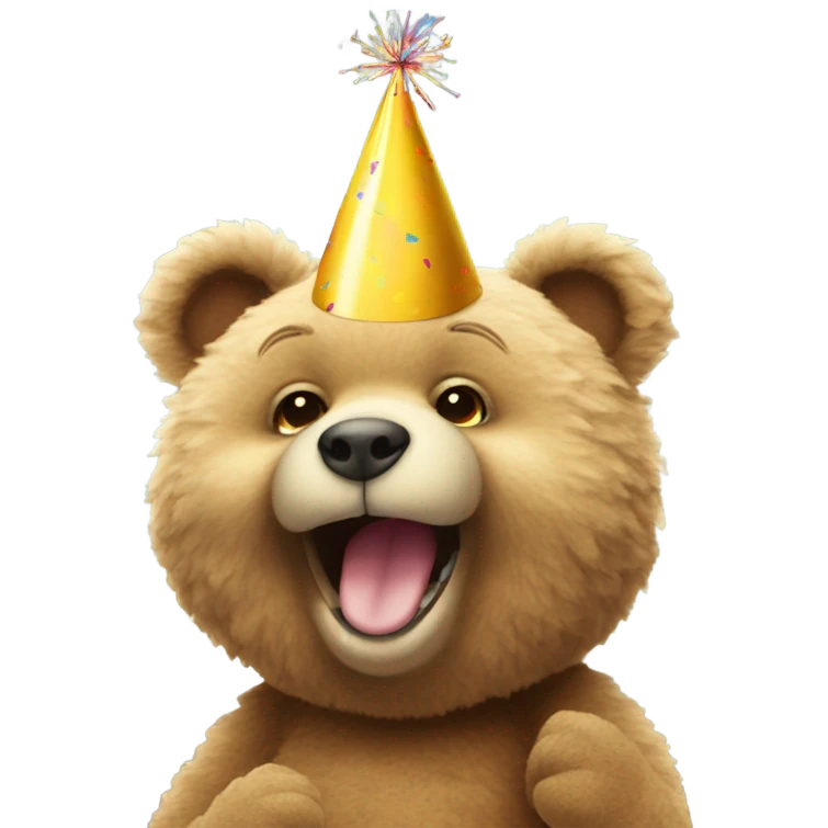 Cute teddy bear wearing a party hat and blowing a party horn emoji