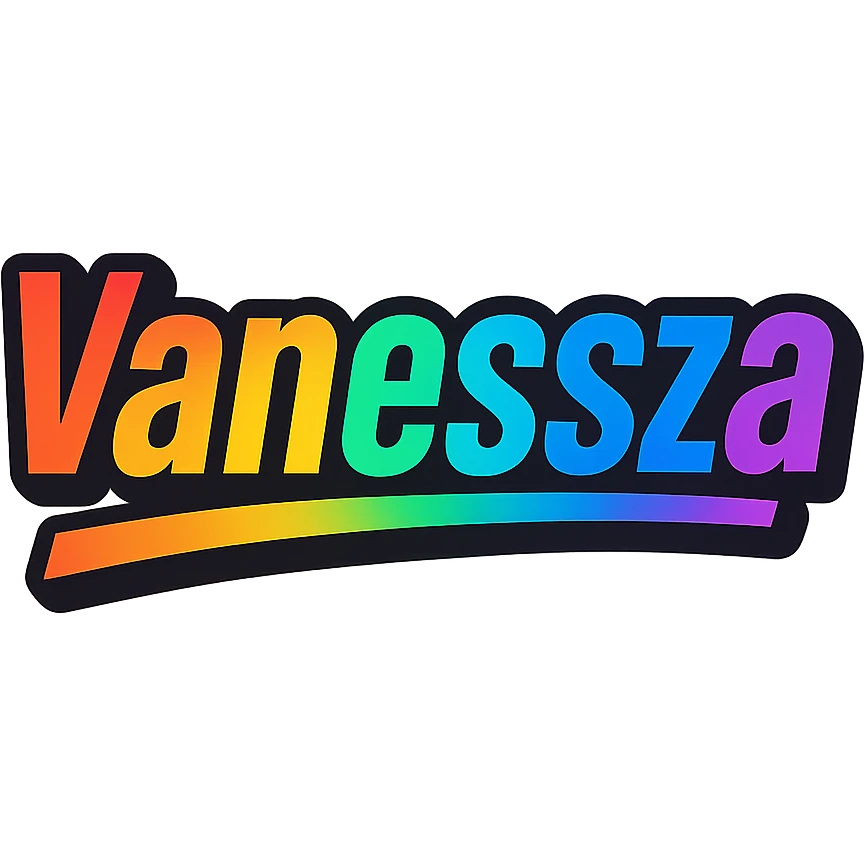 Vanessza name in modern gradient font with precise Hungarian characters, dark outline, extra thick, prominent white letter border, dynamic slanted underline, rainbow gradient colors, 1000x1000 px, PNG, transparent background emoji