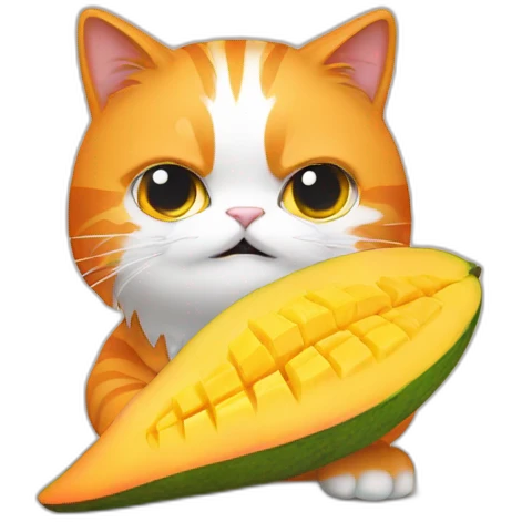 orange hairy cat eating mango with grumpy face and long tail emoji