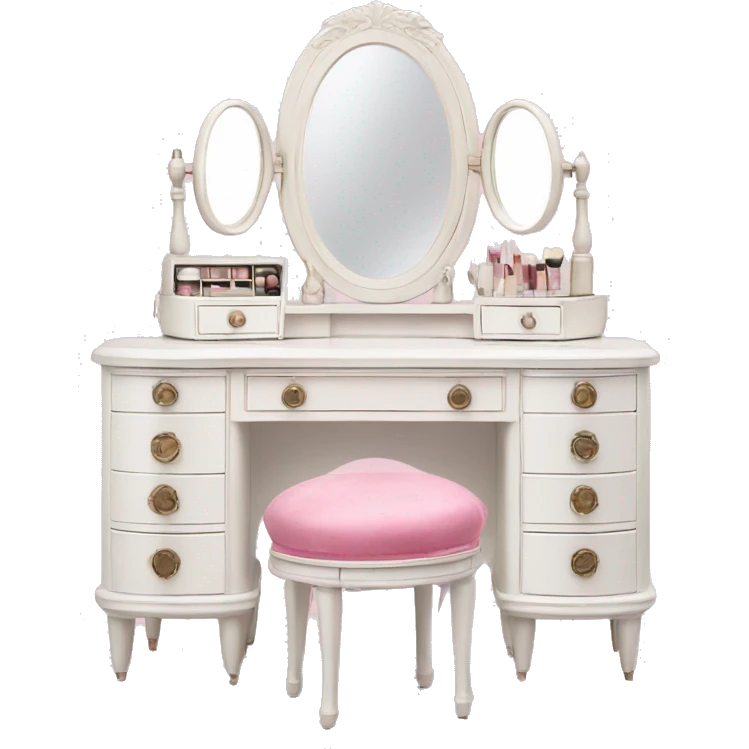 white vintage makeup vanity with pink accessories emoji