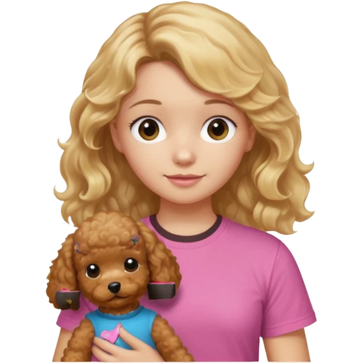 hazme un emoji que sea una niña rubi con el pelo ondulado i una camiseta rosa que ponga brownie, i acariciando a un perro (caniche toy) si pero con el pelo mas largo i no tan rubia el pelo marron i no rubia emoji