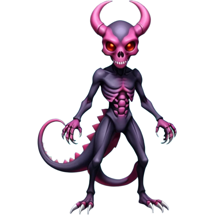 Shiny Horned Futuristic Badass Demonic Spectral Dusky Spooky Skull-faced Cool Hot Stylish Handsome Alien-Salandit-Darkrai-Genesect-Fakémon-fusion (full body) emoji