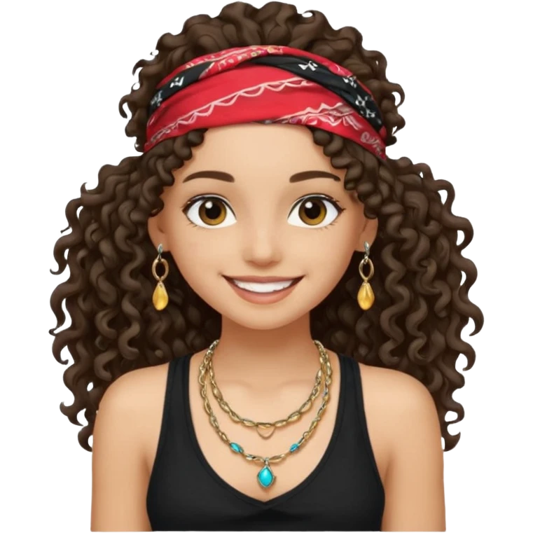 Baddie girl with black  tank top long  curly hairss and bandana and jwellery face only not body emoji