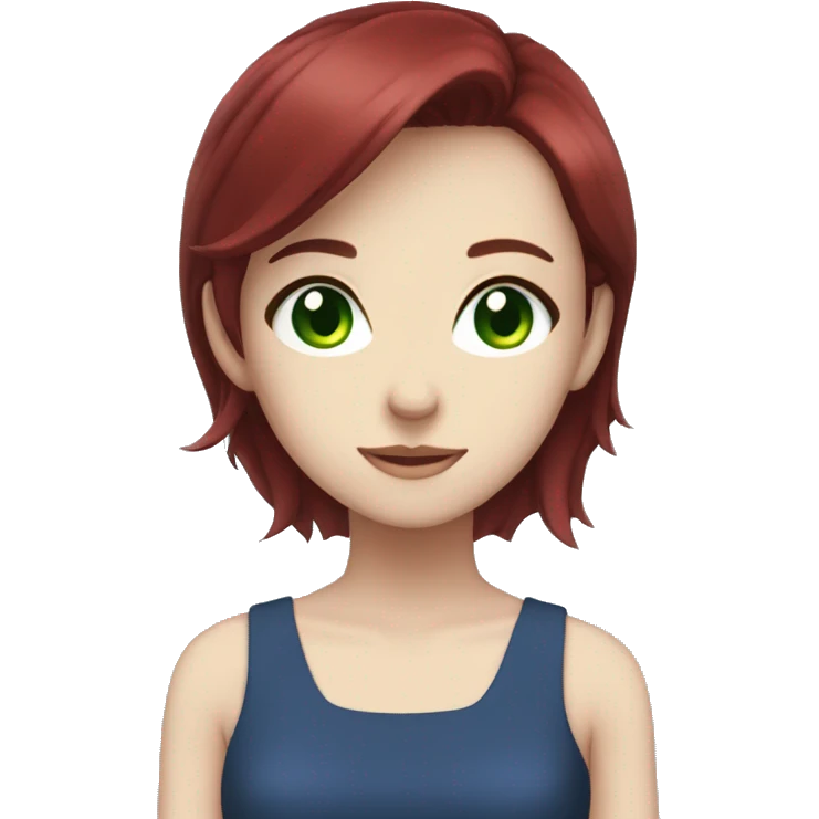 A anime girl with dark red hair and green eyes wearing a blue dress emoji