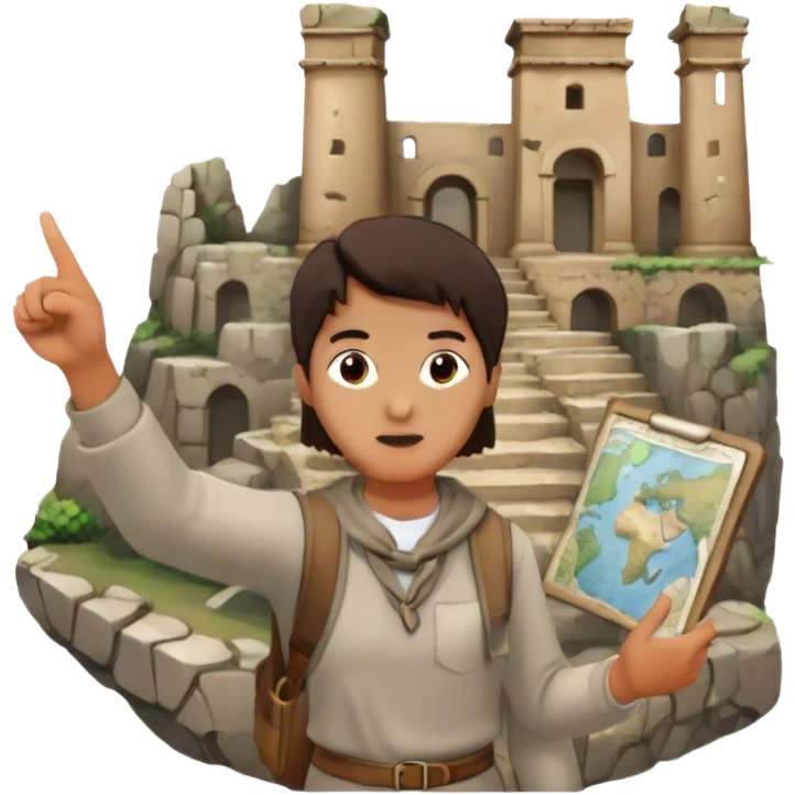 Icon for Documentary Film: A traveler in casual clothing standing and pointing towards ancient ruins, explaining history. The scene should evoke a sense of exploration, with the traveler holding a map or scroll. Include crumbling stones and historical artifacts. Transparent background. emoji