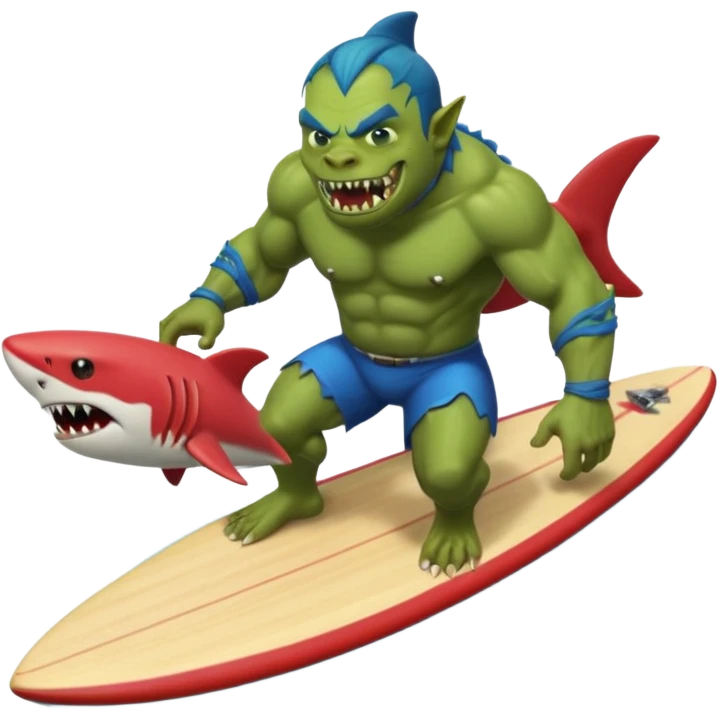 orc make with a shark-shaped board, centered emoji