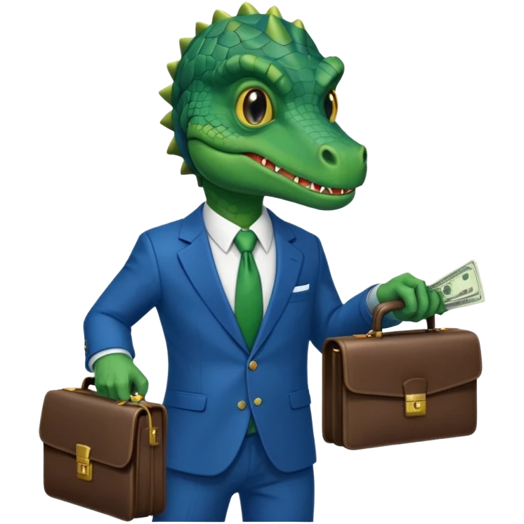 reptilian in a blue suit holding cash and a briefcase emoji