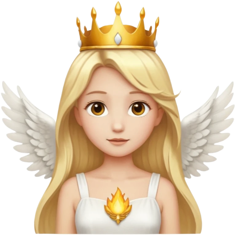 Emoji-style angel: blonde hair, golden flame-like crown, golden halo, large detailed white wings, white dress, soft cute emoji aesthetic. emoji