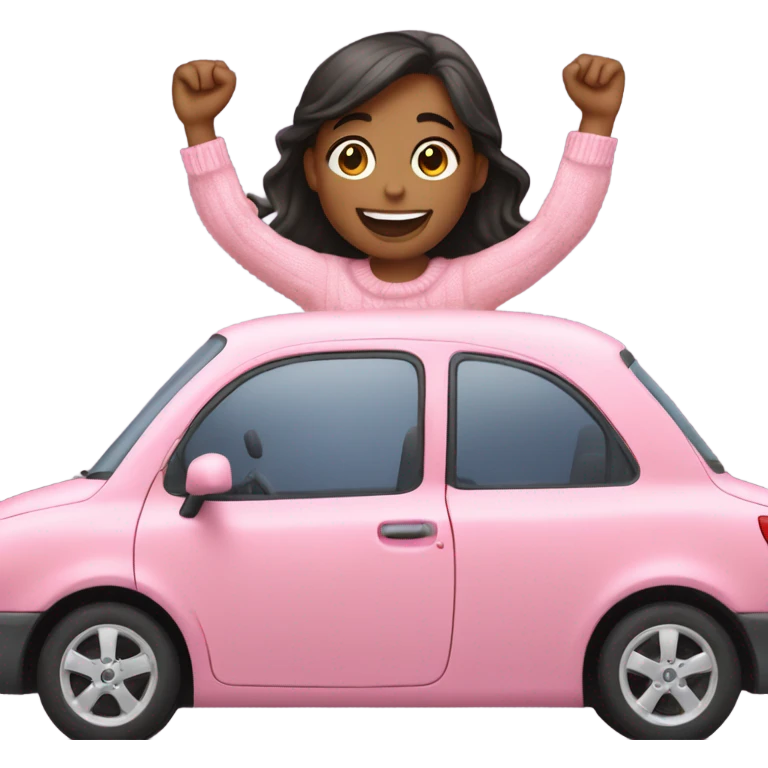 smiling girl in sweater in pink car arms up  emoji