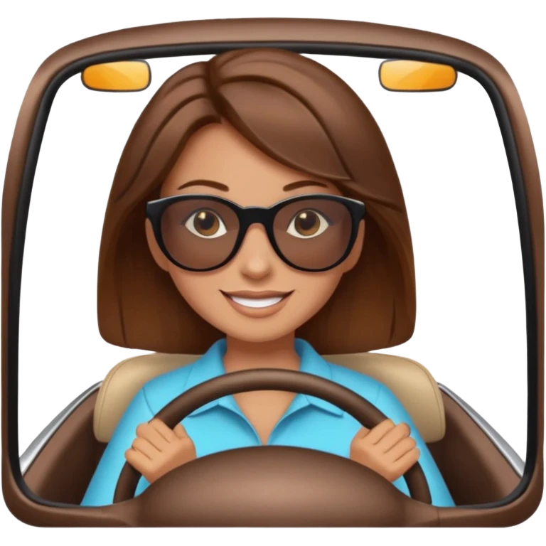 Brown hair woman driving car. Happy face emoji