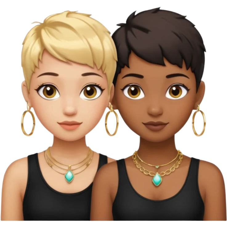 Do two best friend emojis one brown skin one fair skin with pixie cuts with big hoop earrings and gold necklace wearing black and lash extension emoji