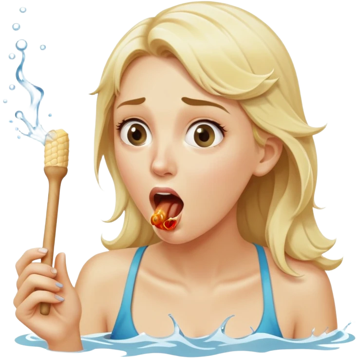 blond woman eating a wide stick the same color as her skin, with a bite taken out of the edge, water stream squirting directly from the stick into her open mouth, surprised expression emoji