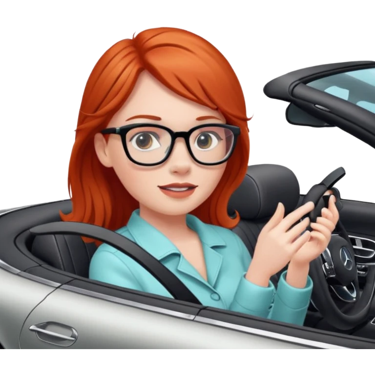 Red head girl with glasses driving fast in a Mercedes convertible emoji