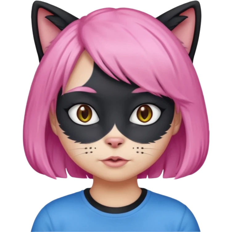 Black cat wearing a pink hair wig, blue T-shirt emoji