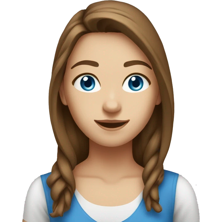A 23 year old, Caucasian woman, with long brown hair,   with blue eyes wearing a t-shirt. emoji