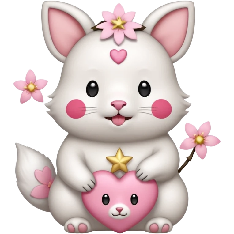 GENERATE ME A MOMONGA WHITE ANIMAL  FROM CHIIKAWA AND PUT A SAKURA FLOWER ON HIS HEAD AND A STAR PELT ON HIS BELLY AND A HEART PURSE ON HIS ARM WITH HIS FACE MAKE HIS TOUNGE STICK OUT WITH A LITTLEPINCH OFDROOL AND MAKE HIM ANIME  emoji