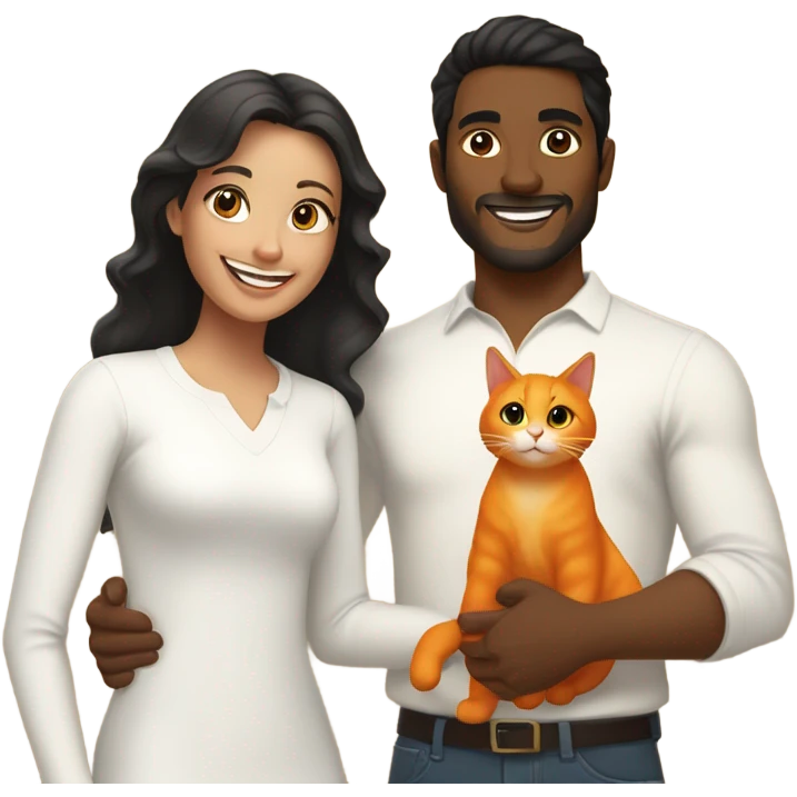 a happy light-brown woman with black hair and a happy brown man with brown hair in white long sleeve are family and holding an orange cat emoji