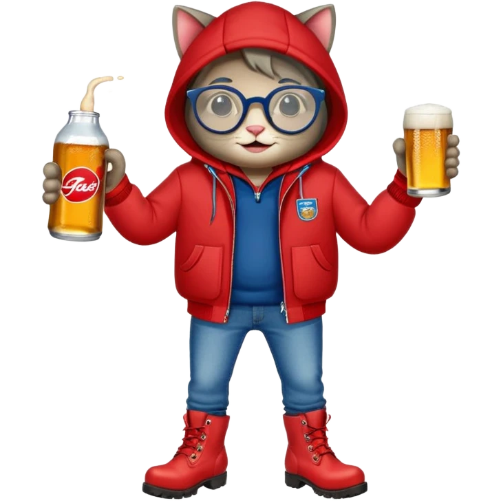 Catfish in red winter jacket with hood, round glasses, blue jeans, red boots, holding a beer can with red label emoji