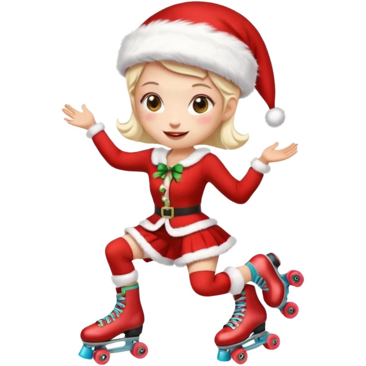 Create an emoji-style illustration of a female roller skater wearing roller skates and a Mrs. Claus (Mama Noel) outfit. The style should be cute, expressive, colorful, and clear at small sizes, with simple lines, soft shading, and a festive Christmas vibe. emoji
