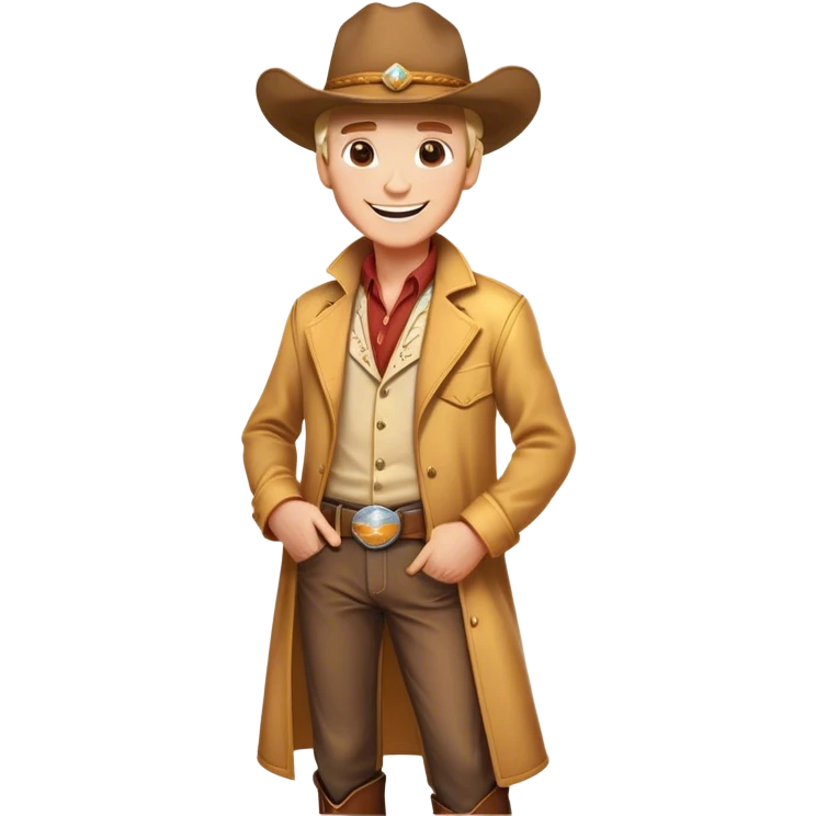 Clash of Clans aesthetic Cheerful Cowboy Portrait Emoji, With a bright, confident smile and a relaxed, adventurous stance, showcasing a stylized, spirited build in a duster coat and classic hat, his face rendered in natural skin tone, Simplified yet expressive features, highly detailed, glowing with a soft, golden western radiance, high shine, upbeat and daring, stylized with an air of classic cowboy allure, soft glowing outline, capturing the essence of a cheerful cowboy ready to gallop into epic adventures! emoji
