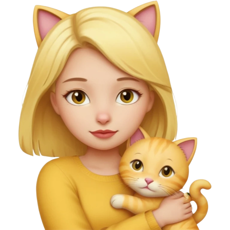 Sarışın elinde kedi olan ve hafif ruj ve rimel sürmüş sarı kedisine sarılan bir kız emoji