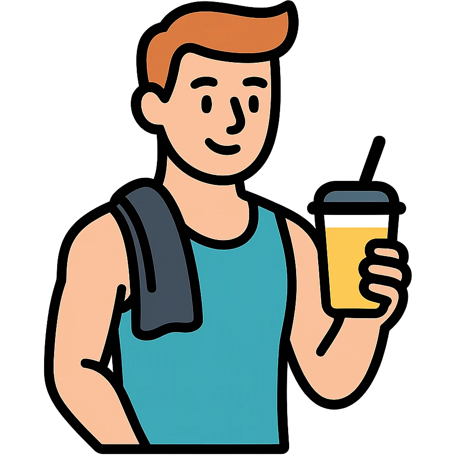 one man at the gym holding a smoothie and relaxing after workout, icon style, simple and clear design emoji
